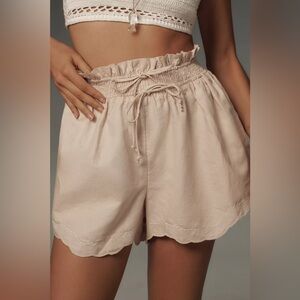Anthropologie Linen Cotton Scallop High Waist Paperbag Shorts Small Beige